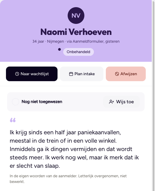 De detailkaart van een aanmelding, met de keuzes naar wachtlijst, plan intake en afwijzen.